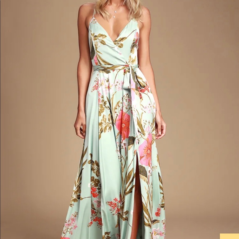 Lulu’s Still the One Sage Green Floral Satin Maxi